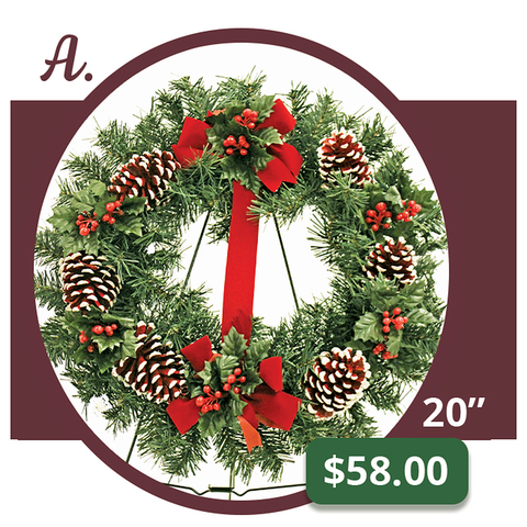 A - White-Tipped Red Cone Wreath & Bow